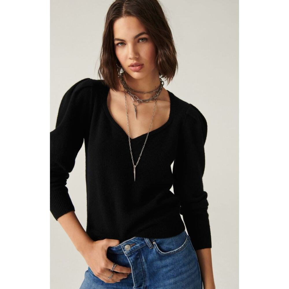 Ba&sh Yeraz Black Wool Yak Sweetheart Neckline Puff Sleeve Cropped Sweater S